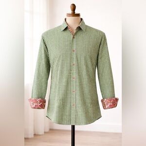 Jared Lang Green Gingham Button Down Shirt Men’s M Paisley Trim